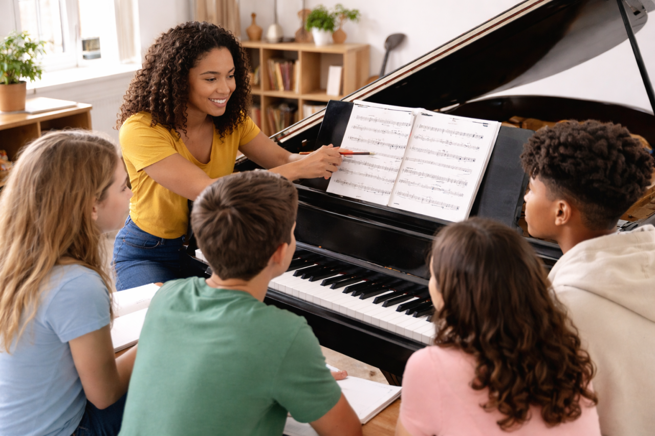 music teacher explaining musical intervals to students gathered around a piano during a music theory lesson